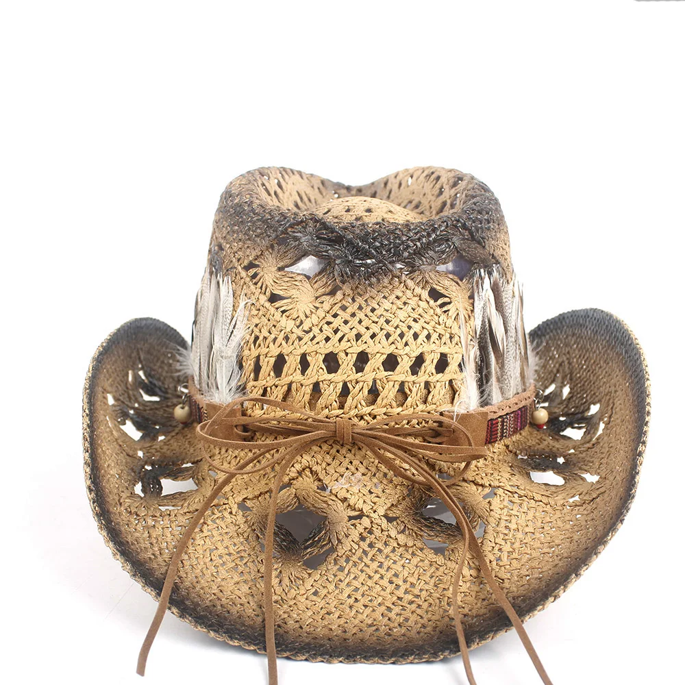 Cowgirl Hats Women Straw Hollow Western Cowboy Hat Lady Handmade Bohemia Feather Sombrero Hombre Beach Cowgirl Jazz Sun Hat Size 56-58CM
