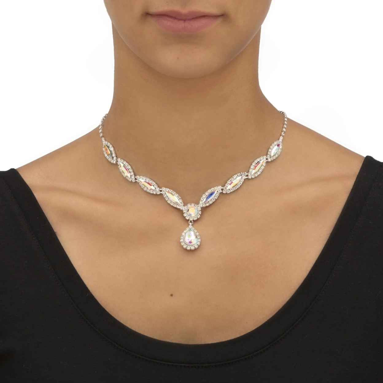 Pear and Marquise-Cut Aurora Borealis Crystal 3-Piece Halo Earrings, Drop Necklace and Bracelet Set in Silvertone 14-18 (1)