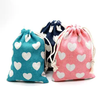 

Heart Printed Linen Drawstring Pouch 9x12cm 10x15cm 13x17cm pack of 50 Party Candy Chocolates Favor Bag