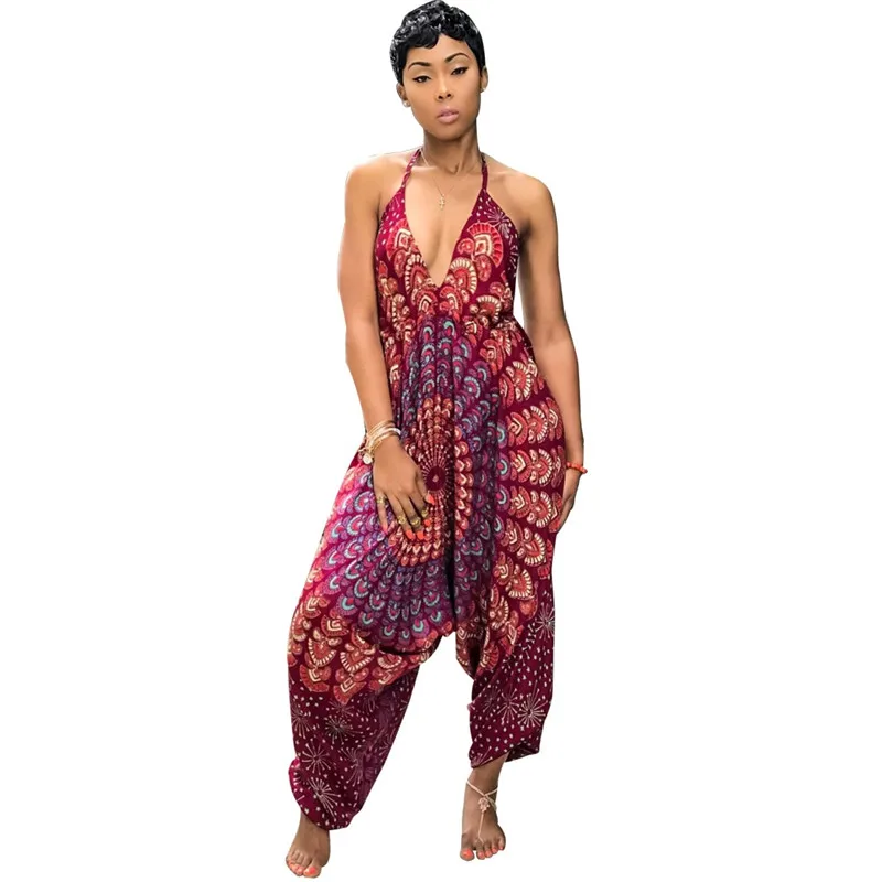 Echoine Women Jumpsuit National Style Print Sexy V-Neck Halter Backless Spaghetti Strap Sleeveless Loose Long Pant Female Romper Echoine Women Jumpsuit National Style Print Sexy V-Neck Halter Backless Spaghetti Strap Sleeveless Loose Long Pant Female Romper