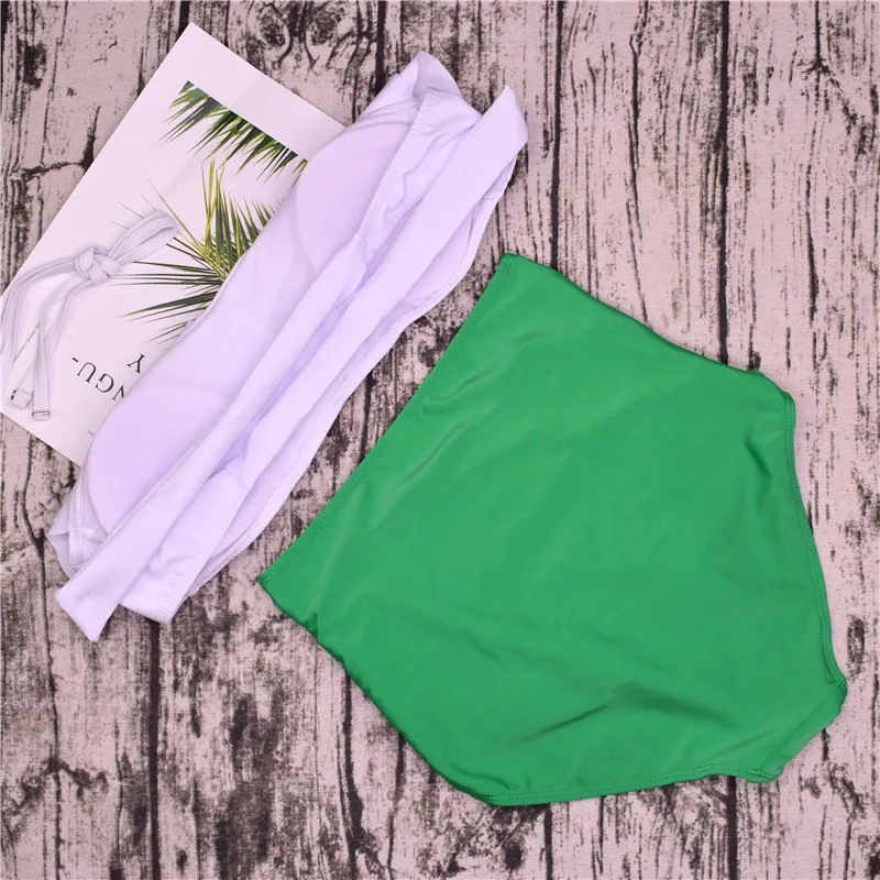 Высокая Талия Купальники для малышек бикини Винтаж Ретро Push Up купальный костюм зеленый рюшами пляжная одежда