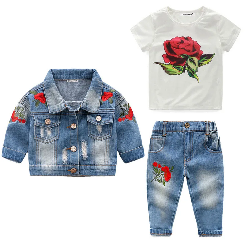 Коллекция года, осенне-зимняя одежда для маленьких девочек костюмы для маленьких девочек джинсовое пальто+ футболка+ джинсы, наряд Детская одежда для маленьких девочек, комплект одежды