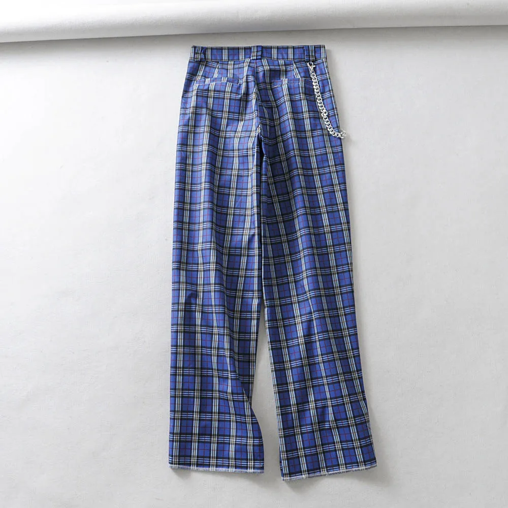BRADELY MICHELLE Модные женские повседневные Прямые брюки с высокой талией для женщин, Длинные клетчатые брюки - Цвет: Синий