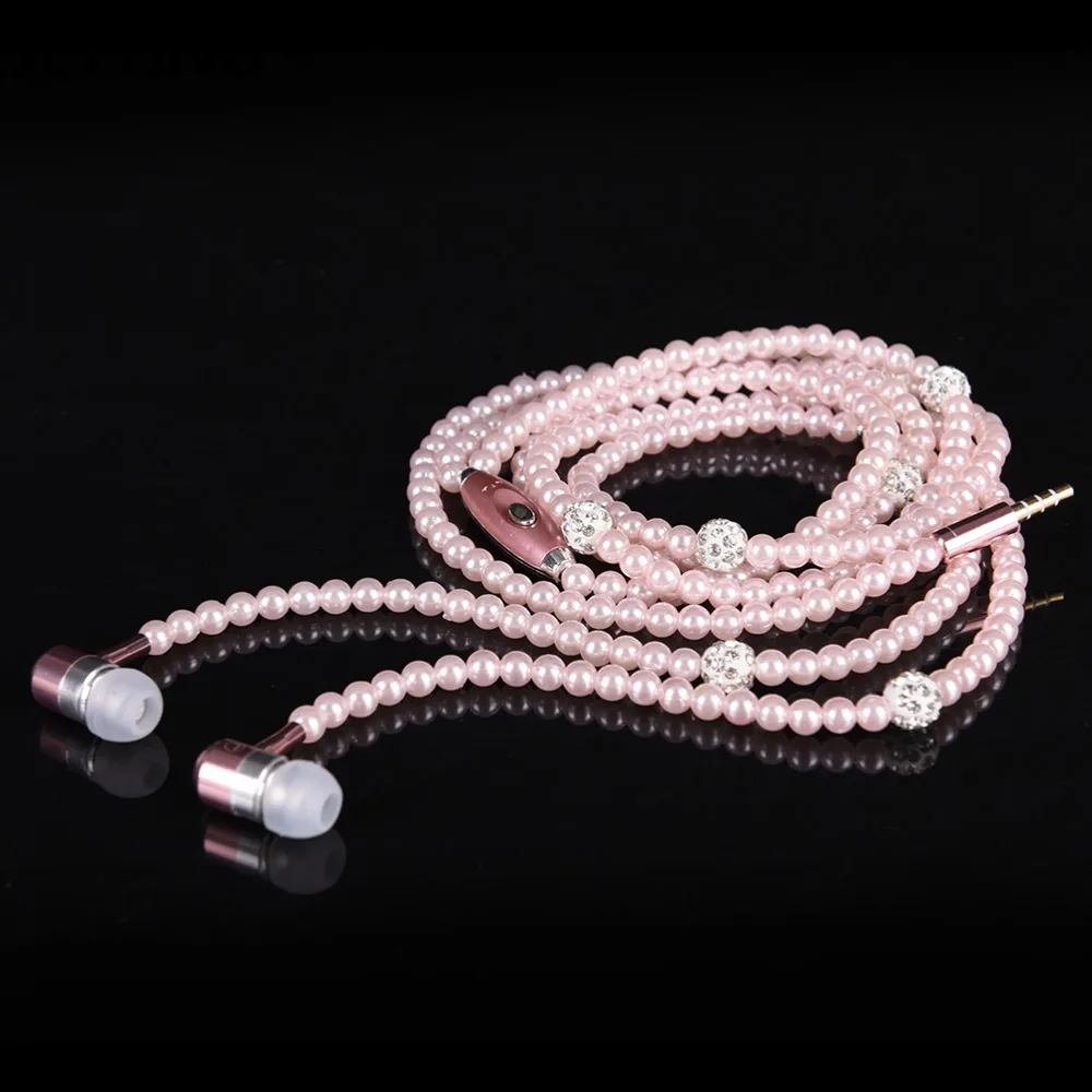 New Pink rhinestone Jewelry Pearl Necklace Earphones With Microphone Earbuds for iphone Xiaomi Brithday Gift