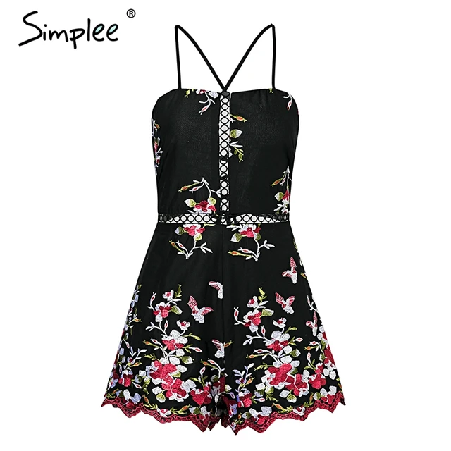 Simplee Lace up floral embroidery rompers Women jumpsuit Sexy strap backless playsuit 2018 Vintage black summer macacao feminino 4