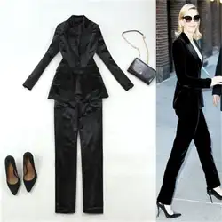 Модный бархатный костюм для женщин большого размера весна новый черный костюм на одной пуговице + маленькие прямые брюки для отдыха костюм