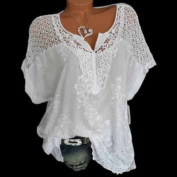 

2019 Summer Women Embroidery Hollow Out Plus Size Shirt Batwing Short Sleeve Loose Blouse V-Neck Solid Tops