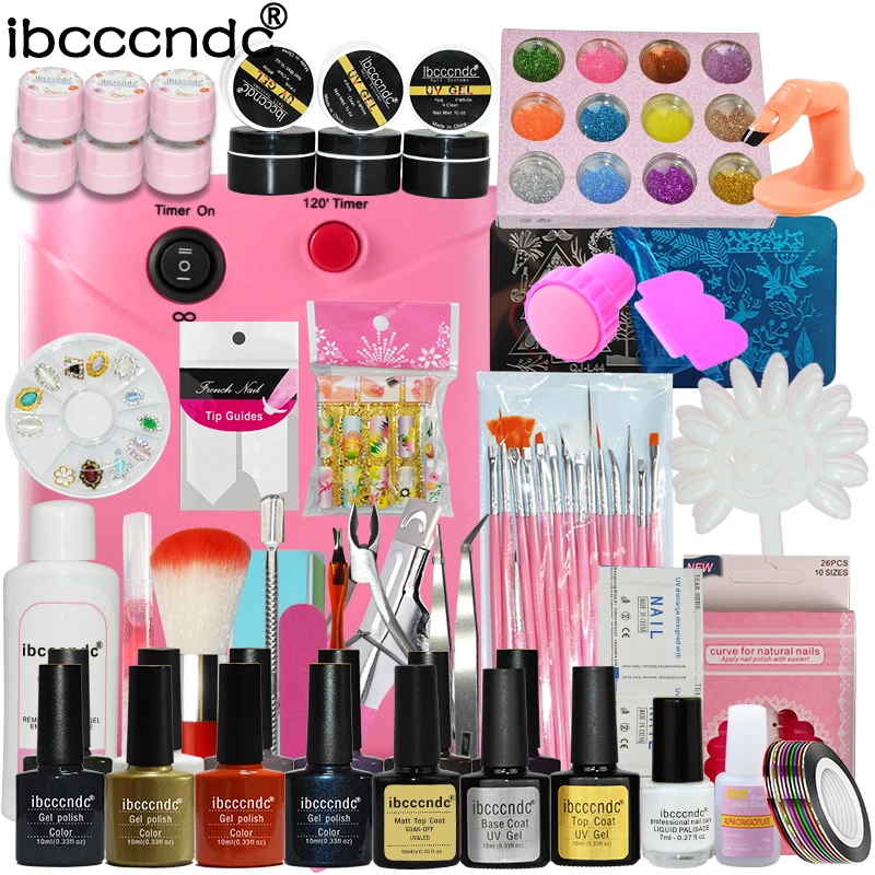

Profession Nail Art Tools Set 36W UV Lamp 10 Gel Polish 3pcs UV Gel Base Top Coat Flower Gel with Remover Glitter Manicure Kit