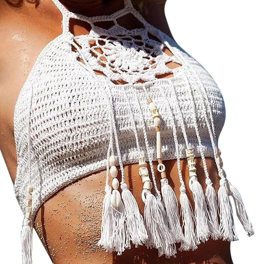 

2016 4 Colors Solid Bikini Top Vintage Halter Hollow Out Knitted Fringed Women Bikini Micro Elastic Tankini Swimwear