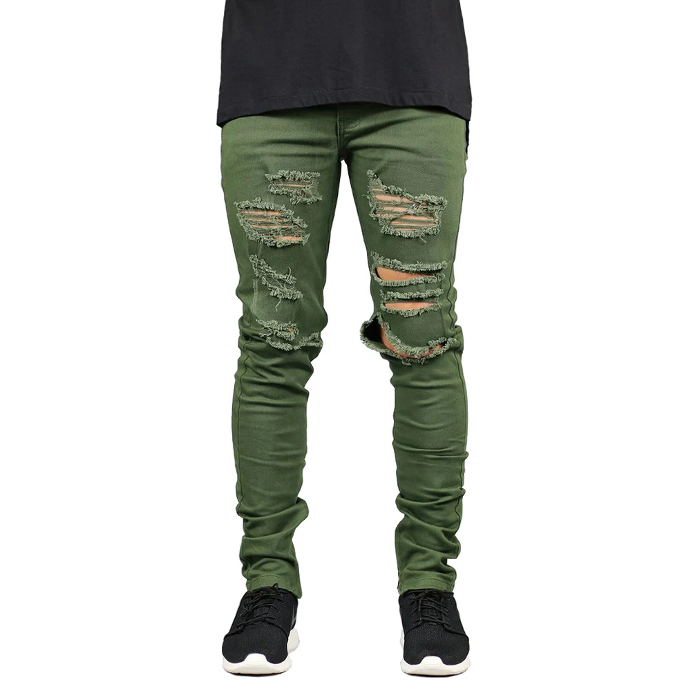 Для мужчин молния уничтожены джинсы стрейч модные Армейский зеленый рваные Для мужчин обтягивающие джинсы Y2631