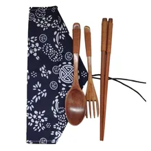 1 juegos de madera Vintage palillos chinos, cuchara, tenedor vajilla conjunto con bolsa de tela chino cena Decoración de mesa utensilios de cocina 0301 #