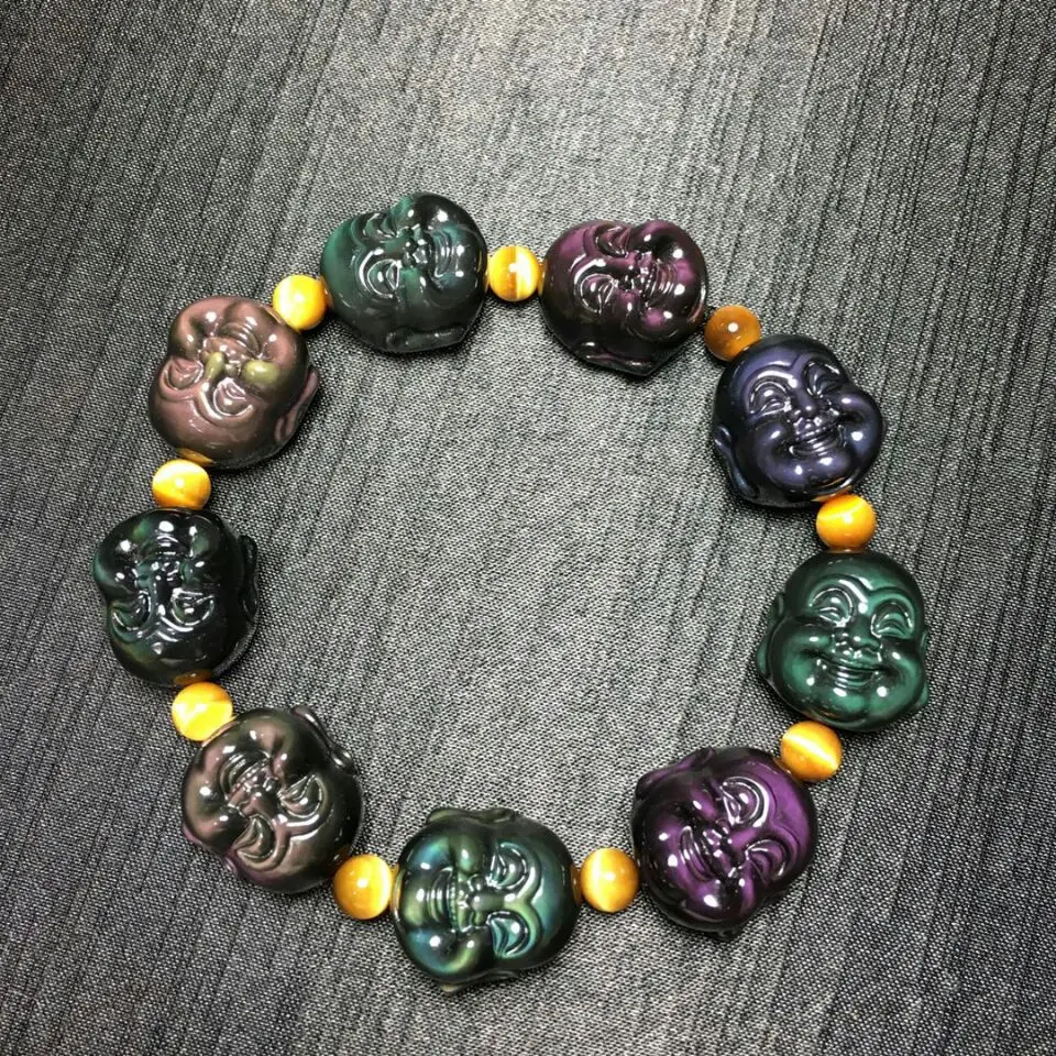 

Natural Mexican rainbow Eye obsidian smiling face lever ms. Buddha bracelet Crystal Hand string