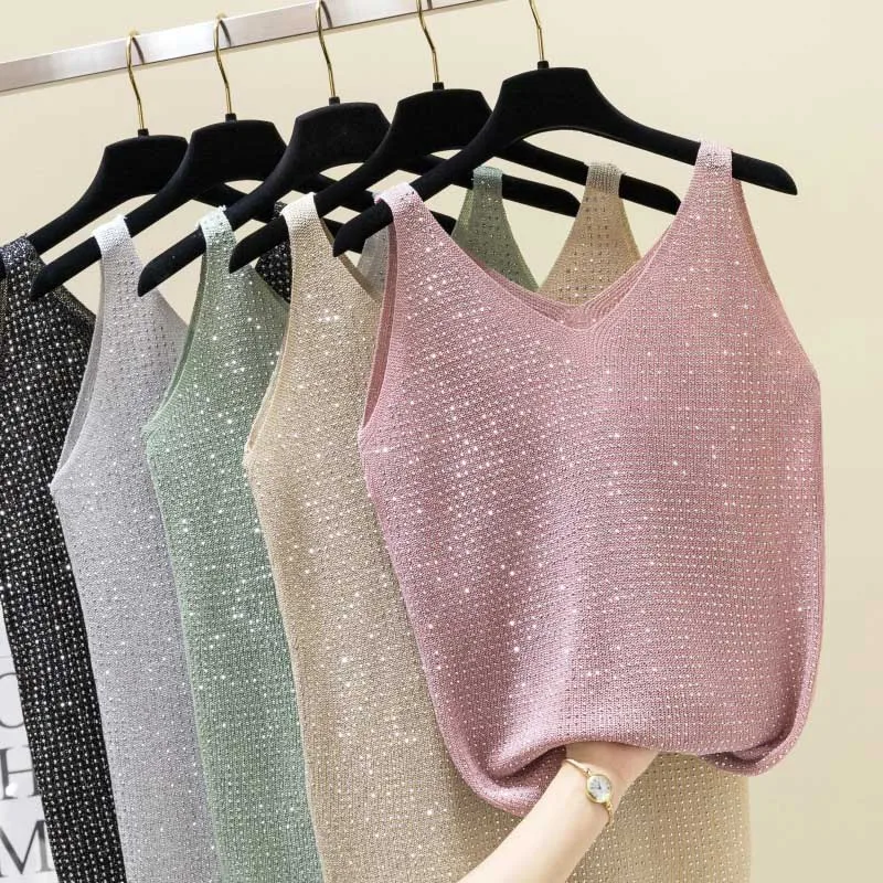 

Women Wild Solid Color Knit Summer Tops Camisole Women Tank Top Sequin Decoration Women's Camisole Fashion Sweet Camisole
