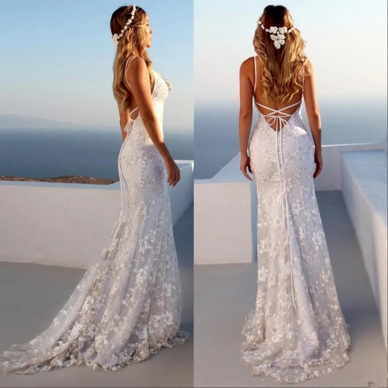 

Spaghetti Strap Beach Lace Wedding Dress 2019 Sleeveless Backless Lace Appliques Mermaid Bridal Gowns Plus size Custom Made