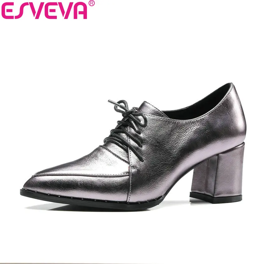 

ESVEVA 2018 Casual Women Pumps Shoes Square High Heels Pointed Toe Lace Up Cow Leather PU Western Style Ladies Shoes Size 34-39