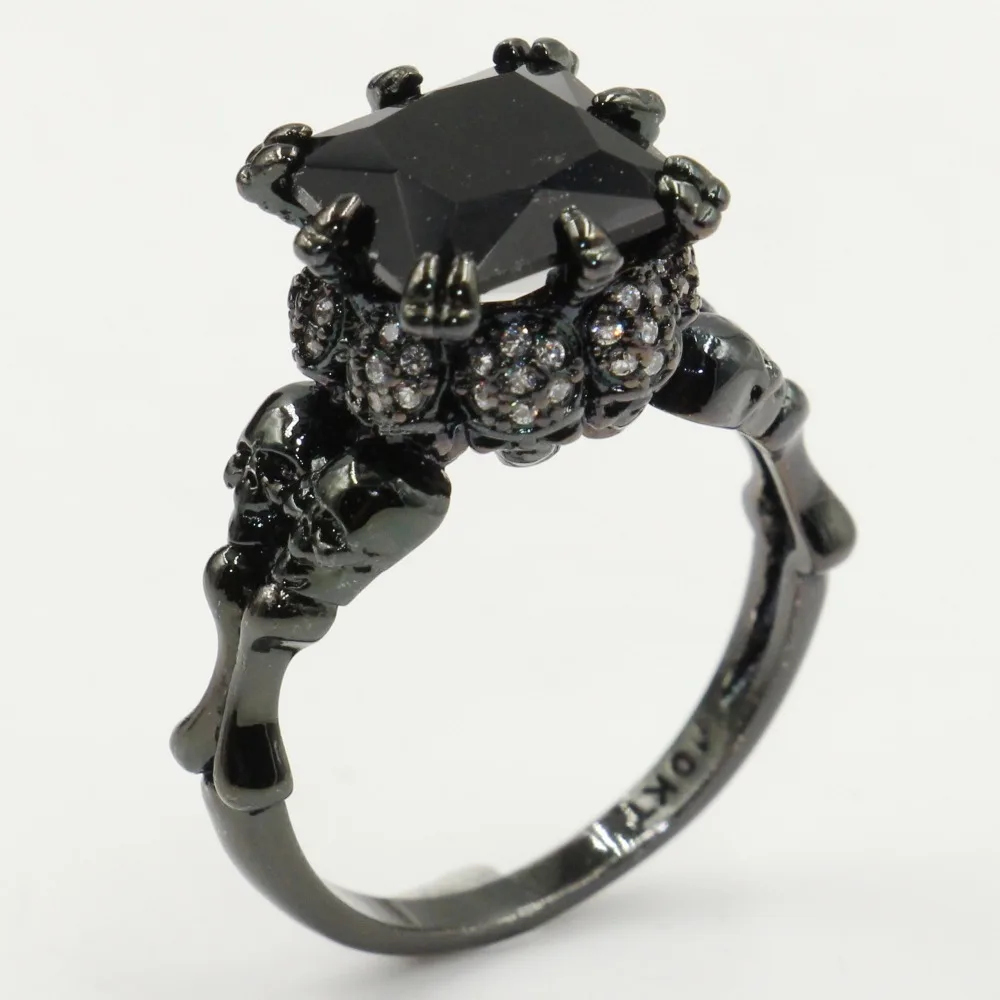 

Rulalei Brand New Unique Vintage Jewelry 10KT Black Gold Fill Cushion Shape 5A Cubic Zirconia Wedding Skull Band Ring For Women