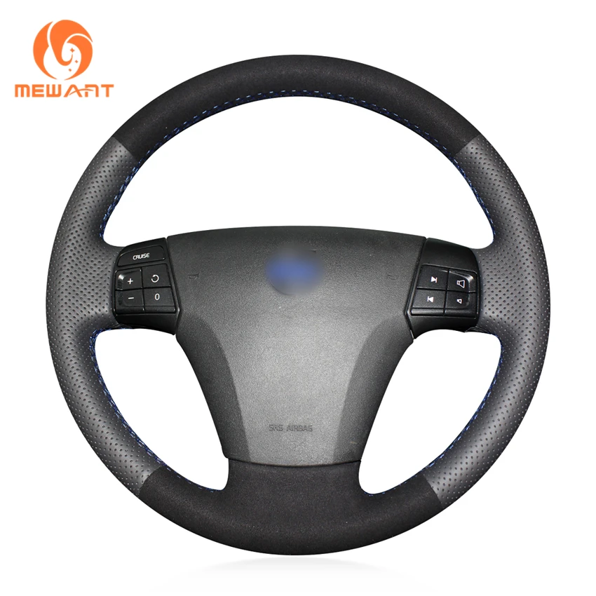 MEWANT Black Genuine Leather Black Suede Car Steering Wheel Cover for