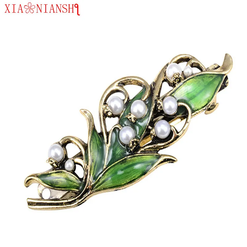 

Newest Fashion Women Retro Enamel Leaf Barrettes Ancient Bronze Gold Alloy Hairpin Girls Folwer Hair Clip Pearl Hair Accessories