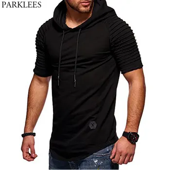 

Newest Ribbed Hooded T Shirt Men Fashion Shoulder Fold Short Sleeve Hoodie Tshirt Homme Causal Slim Fit Male Hoodies T Shirt Man