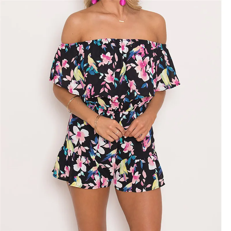 Fashion summer jumpsuit woman 2018 Off Shoulder Floral Bird Print Mini Playsuit Ladies Shorts Bodysuit pantaloni siamesi J21#N (6)