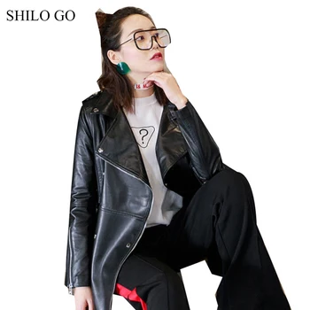 

SHILO GO Leather Jacket Womens Spring Fashion sheepskin genuine leather coat lapel collar zipper loose belt locomotive coat