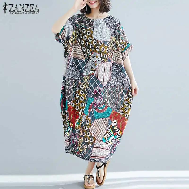 

Casual Summer Floral Dress Women's Sundress 2019 ZANZEA Plus Size Patchwork Maxi Dress Female Short Sleeve Printed Robe Vestidos