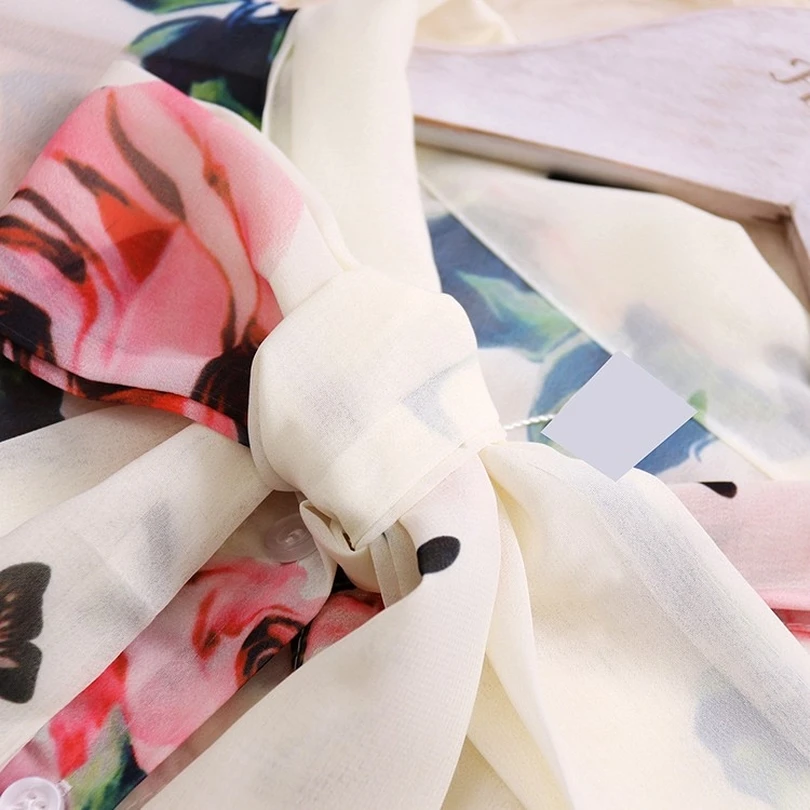 TAOVK Женская винтажная шифоновая рубашка с цветочным принтом и круглым вырезом и рукавами-фонариками+ юбка трапециевидной формы с высокой талией комплект из двух предметов