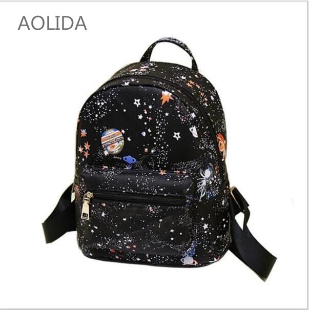 Fashion Star Universe Space Printing Backpack Black School Bags For Teenage Girls Small Backpack Women Leather  new bag has logo