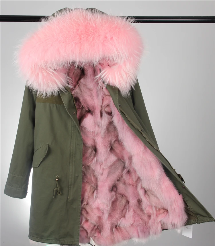 Зимняя куртка фирменный стиль Серебряный армия зеленый большой енота меховым воротником пальто парки верхняя одежда длинный съемный лисий мех внутри с капюшоном