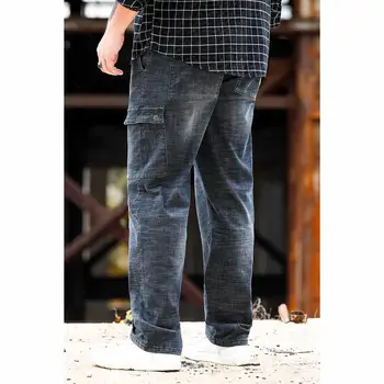 

Men Washed Jeans Straight Multi Pocket Work-wear Jeans L-6XL Big Sizes Cool