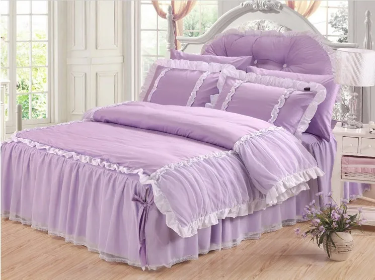 

WINLIFE Romantic Luxury White Lace Bedding Set, Korean Purple Ruffled Bed Skirt Bedding Set, Girls Princess Bedding Sets