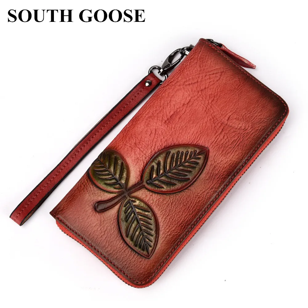 

SOUTH GOOSE New Women Wallets Vintage Long Zipper Purse Printing Greenery Ladies Cowhide Clutch Wallets Card Holders Coin Purses