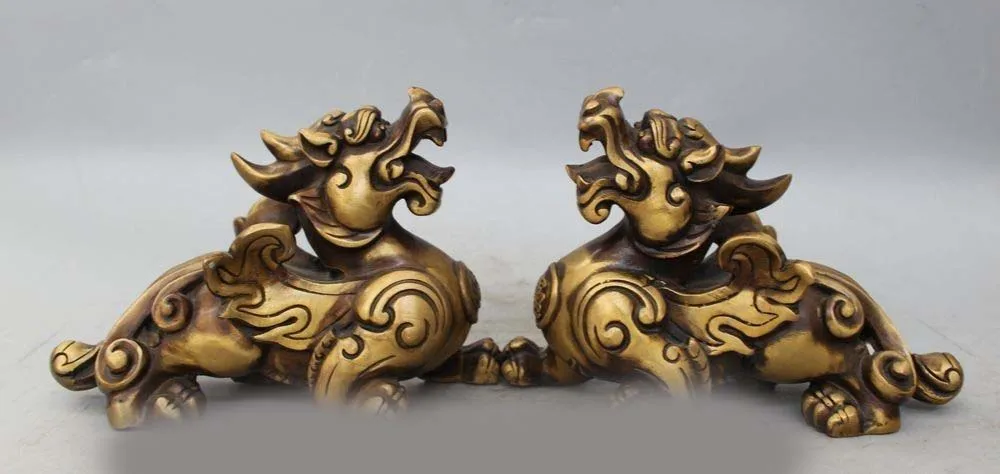 

7" Chinese Bronze Feng Shui Wealth Unicorn Beast Pi Xiu Sculpture Statue Pair