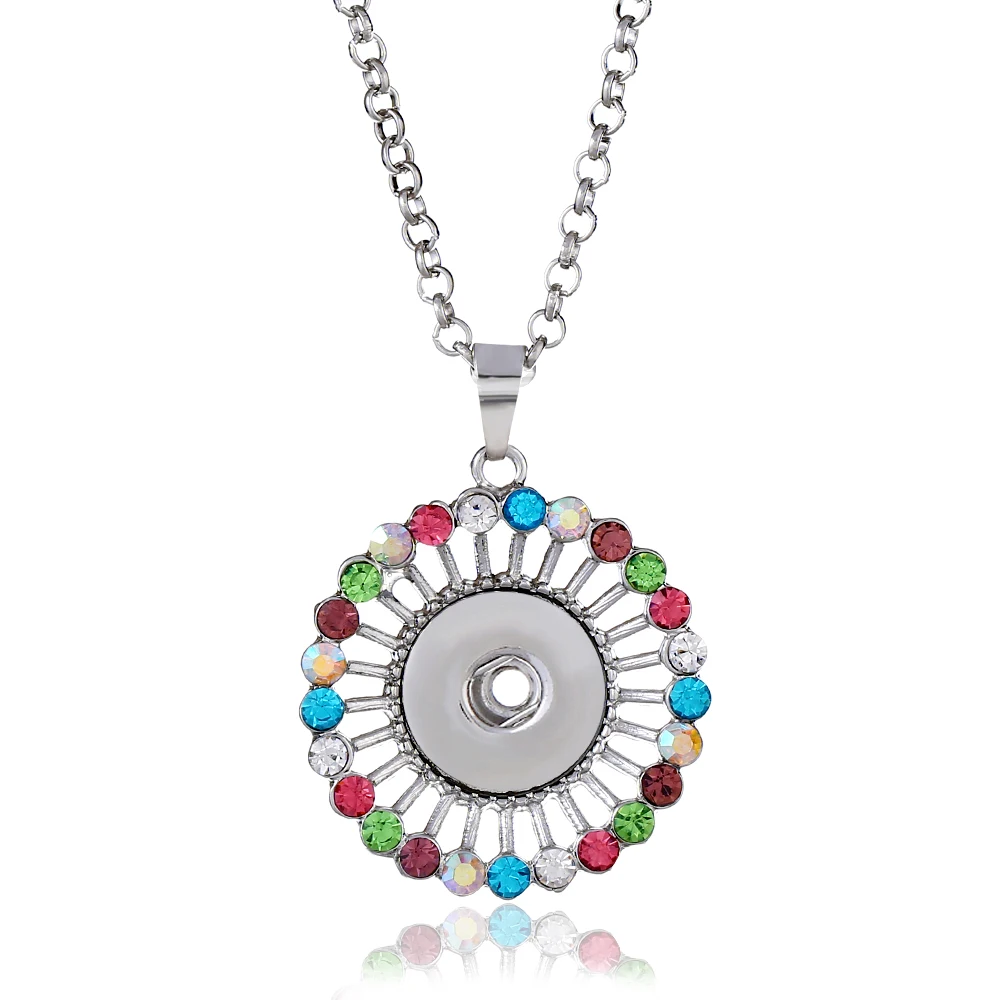 

New IB002 Beauty Rhinestone 3 Colors Fashion Beauty pendant hollow round Snap necklace fit DIY 18MM snap buttons with 80cm chain
