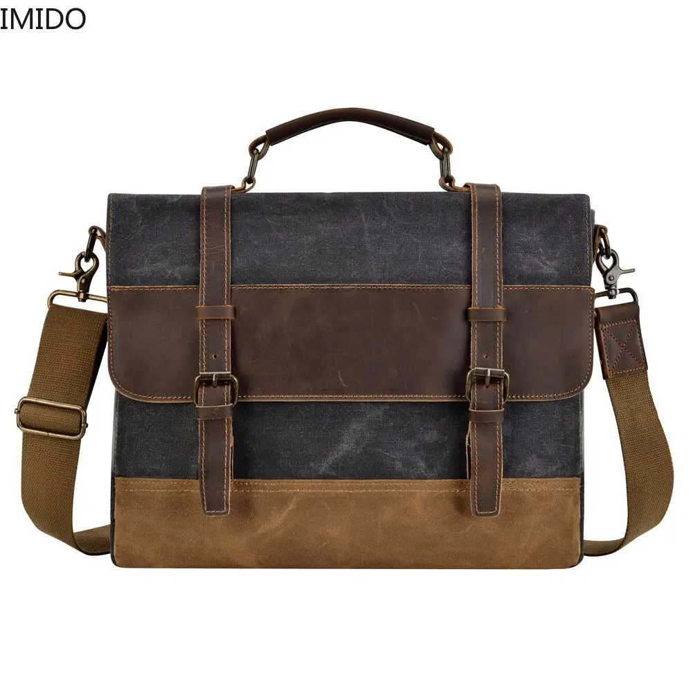 IMIDO Mens Messenger Bag 15.6 Inch Waterproof Canvas Leather Waxed Canvas Briefcase Vintage ...