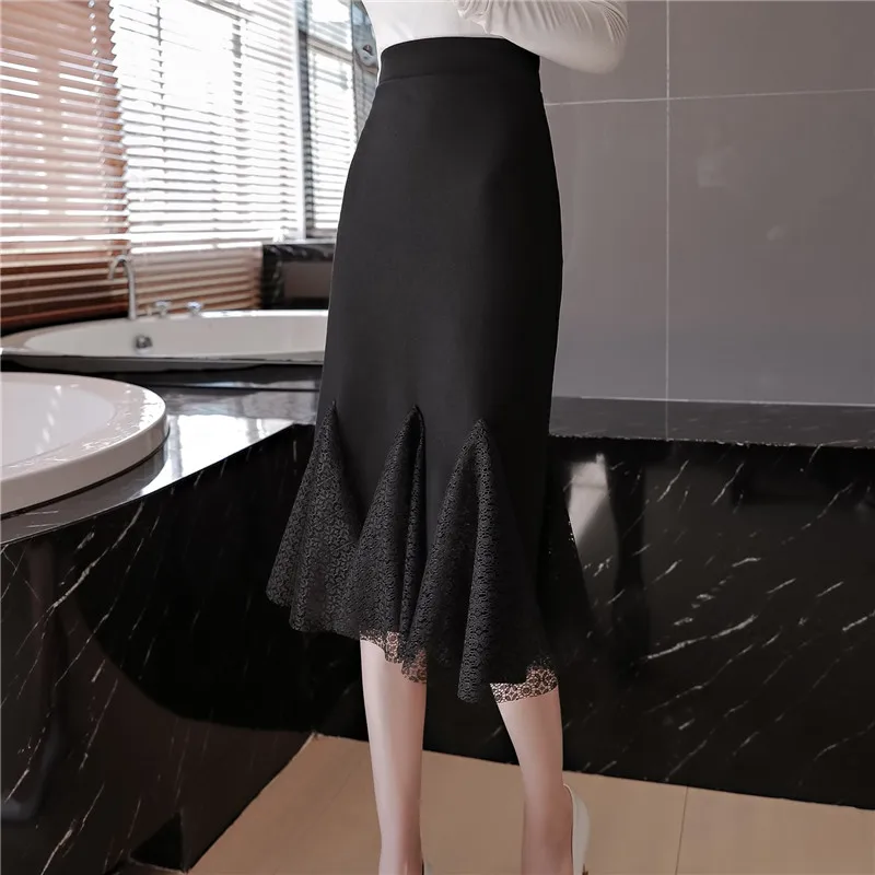 Новая Сексуальная Женская посылка, юбка миди, модная Женская Офисная официальная юбка-карандаш, женская элегантная кружевная Лоскутная юбка с оборками