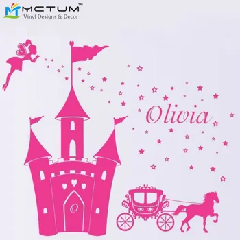 

Girls Princess Castle Theme Wall Sticker Custom-made Name Horse Carriage Fairy Stars Children Bedroom Decor Vinyl Wall Stickers