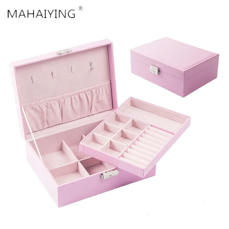 

Korean Style Leather Jewelry Storage Box Double Layers Large Capacity Jewelry Box Girls Fashion Jewelry Collection Box