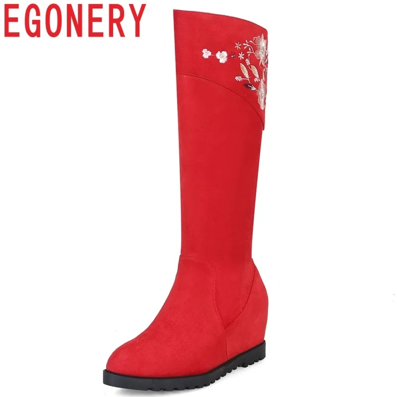 

EGONERY women shoes 2018 new hot sale casual flock winter warm high height increasing round toe embroider zip knee high boots