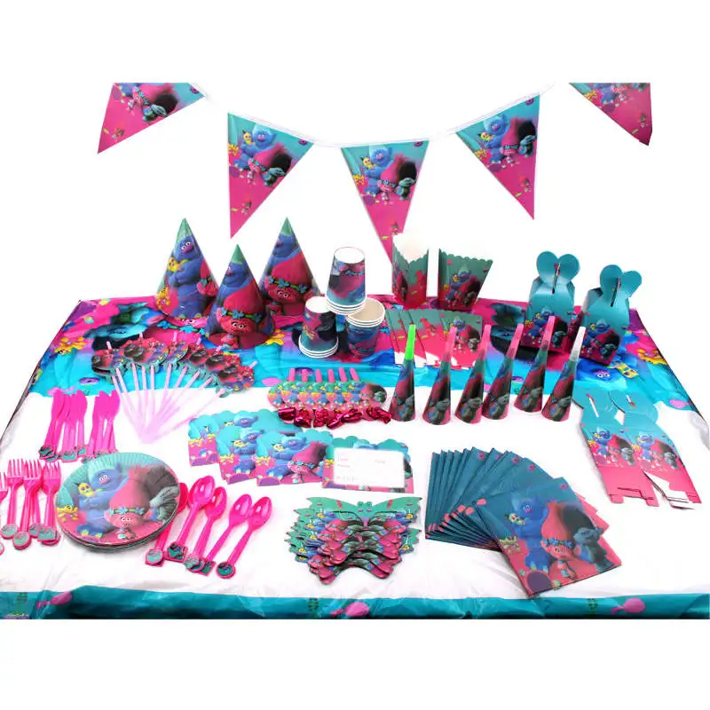 

128Pcs/Lot Trolls Theme Design Cups+Plates Disposable Tableware For Party Child Birthday Party Candy Box Horn Decoration Supply