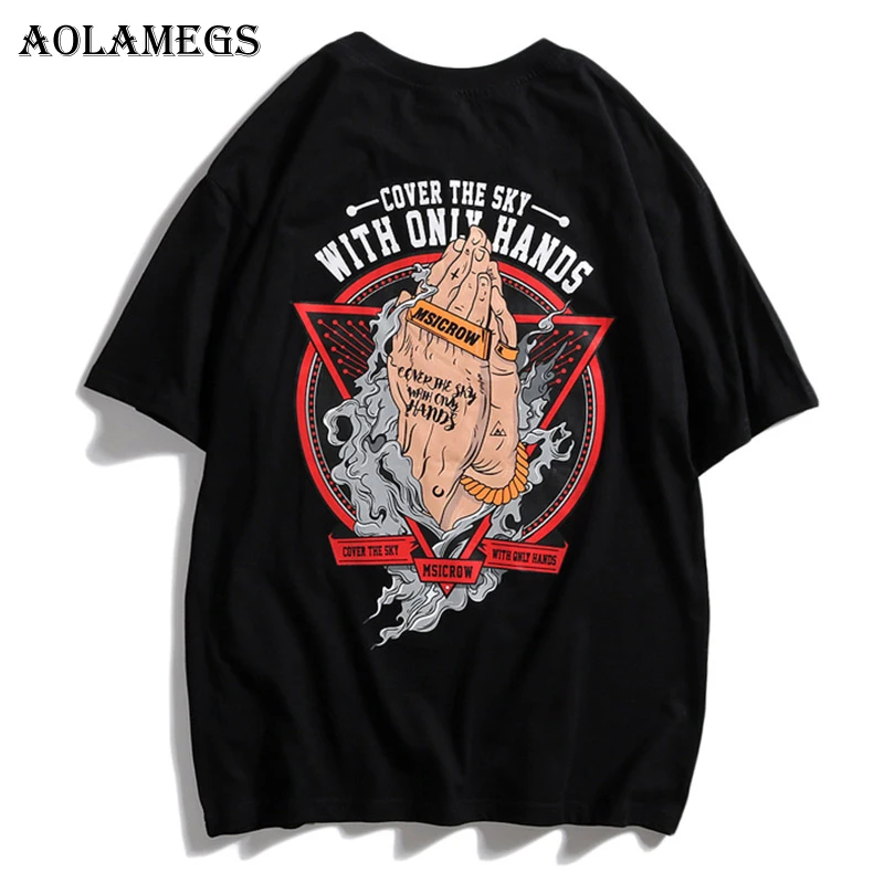Aolamegs, Мужская футболка с принтом рук, мужские футболки с коротким рукавом и круглым вырезом, хлопковая модная уличная футболка, летняя уличная одежда
