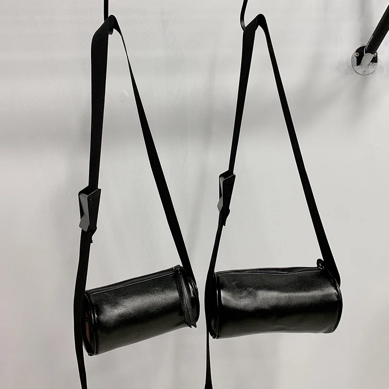 

Pu Leather Cylindrical Crossbody Bags For Women 2019 Black Wide Webbing Shoulder Messenger Bag Lady Travel Purses and Hand Bags