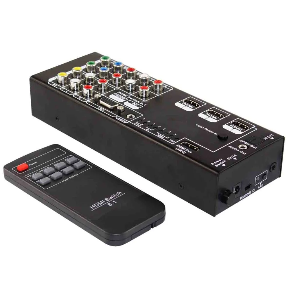 HDMI Switch 8x1 HDMI RCA VGA Video AV Switcher 8 input Port 1 Output 1080p 60Hz Audio Video Analog HDTV Splitter Converter Box 