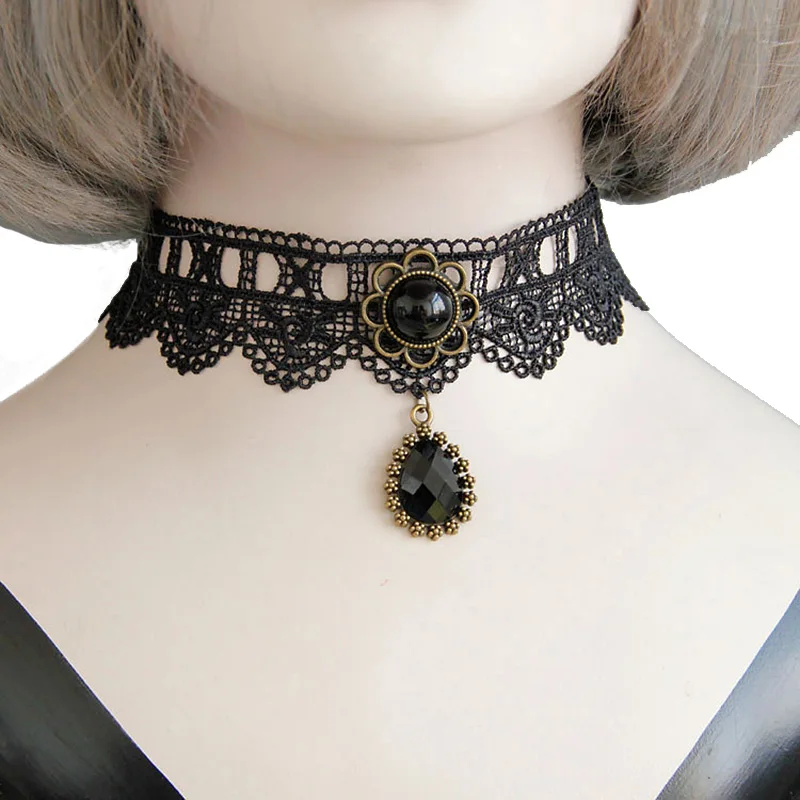 

Women Handmade Gothic Black Lace Flower Bead Rhinestone Drop Pendant Lady Vintage Retro Choker Collar Fashion Chunky Necklace