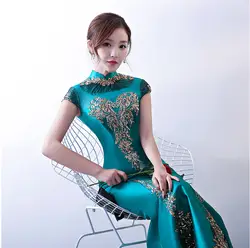 Голубое озеро Cheongsam для женщин традиционное платье пикантные Свадебные Qipao вышивка китайский Восточный платья для Vestidos Formales Длинные