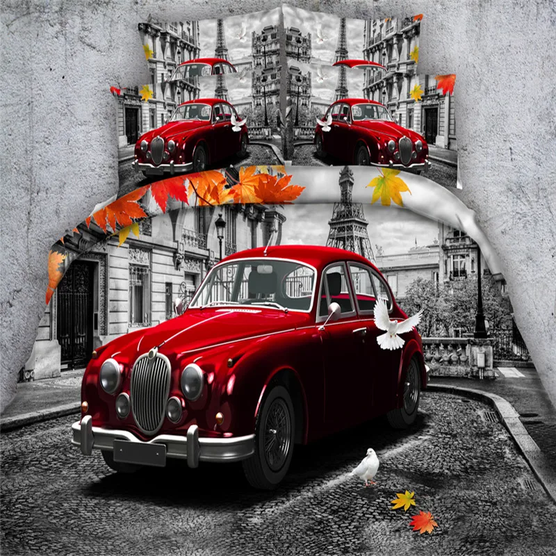 

Grey 3d Bedding sets 4/3PC red Car leaf dove print Duvet Cover single full queen king sizes Bedclothes 500tc woven Coverlet men