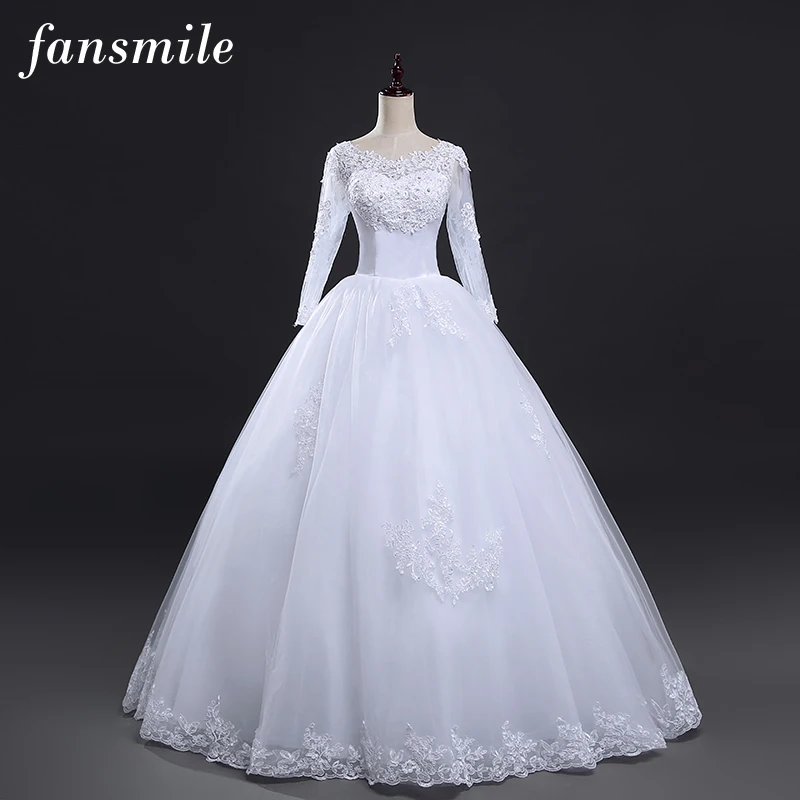 

Fansmile Free Shipping Lace Wedding Dresses Long Sleeve 2019 Plus Size Vintage Belt Bridal Wedding Gowns Real Photo FSM-157F