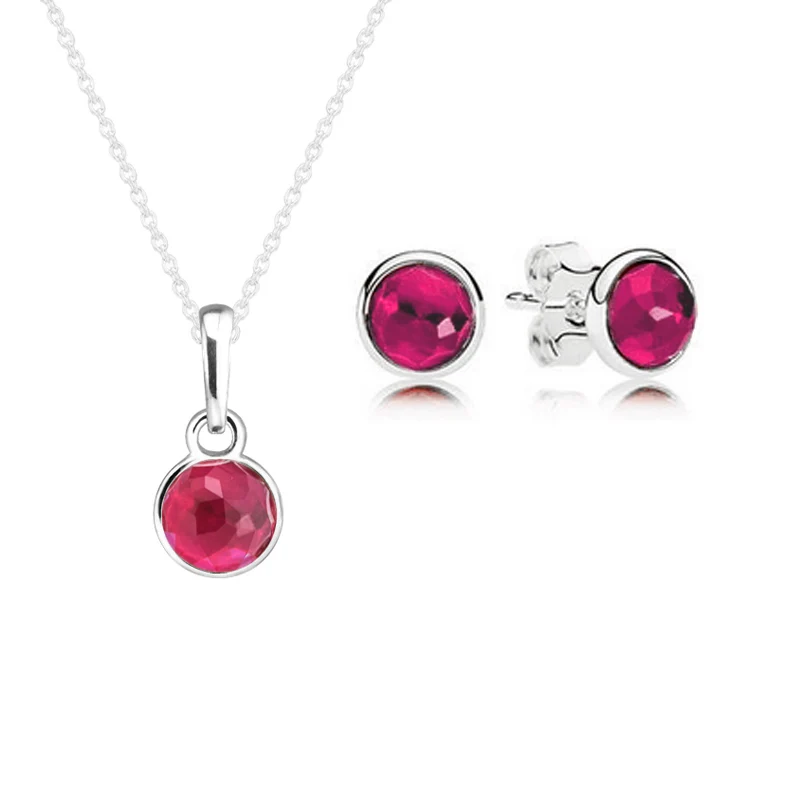 

July Droplet Necklace Stud Earrings 100% 925 Sterling Silver Pink Cz Jewelry Set for Women Girl Gift Fine Jewelry PFS5067