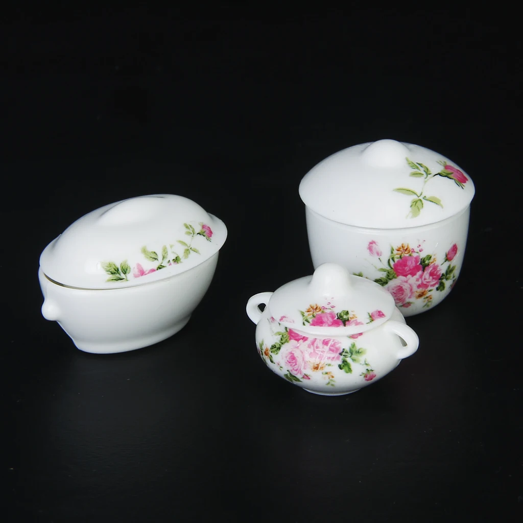 1/12 Dollhouse Miniature Dining Ware 1:12 Scale, Casserole Pot Bowl with Lids, for Doll House Kitchen Dining Room Decor