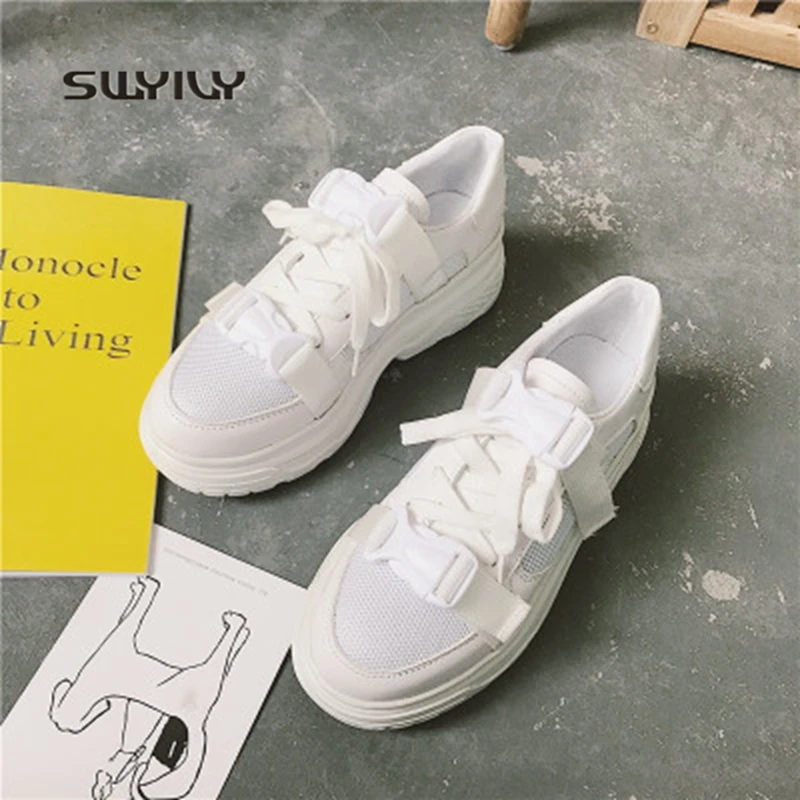 SWYIVY Sneakers Women Running Shoes Platform Mesh Breathable 2018 Spring And Autumn Height Increasing INS Hot Lady Girls Sneaker